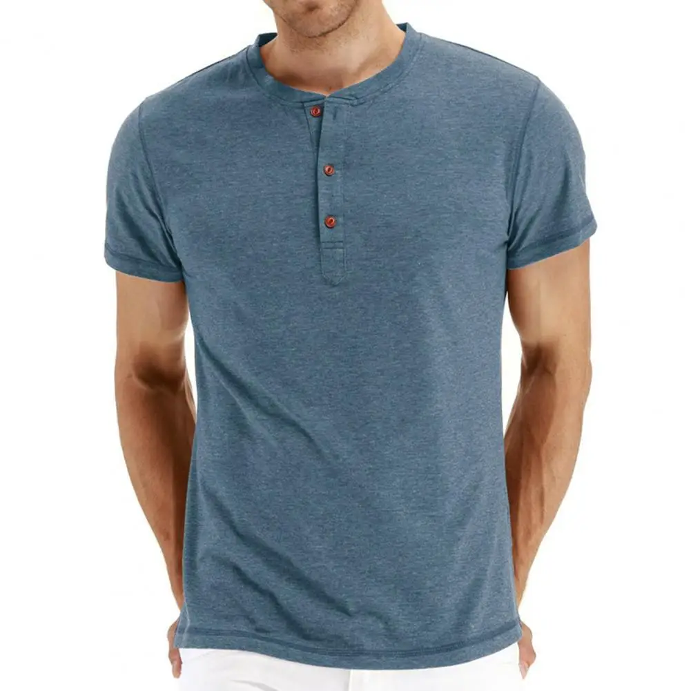 70% Hot Sell Men T-shirt Round Neck All Match Summer Short Sleeve Buttons Sweatshirt for Dating | Мужская одежда