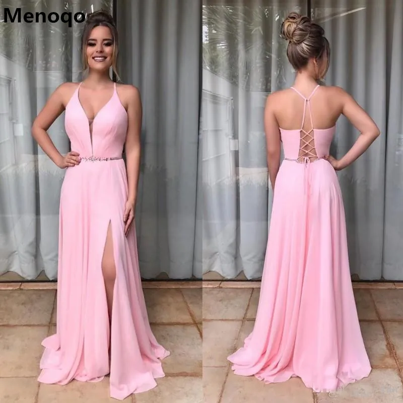 Шифоновые вечерние платья Розовые с длинным v-образным вырезом ТРАПЕЦИЕВИДНОЕ