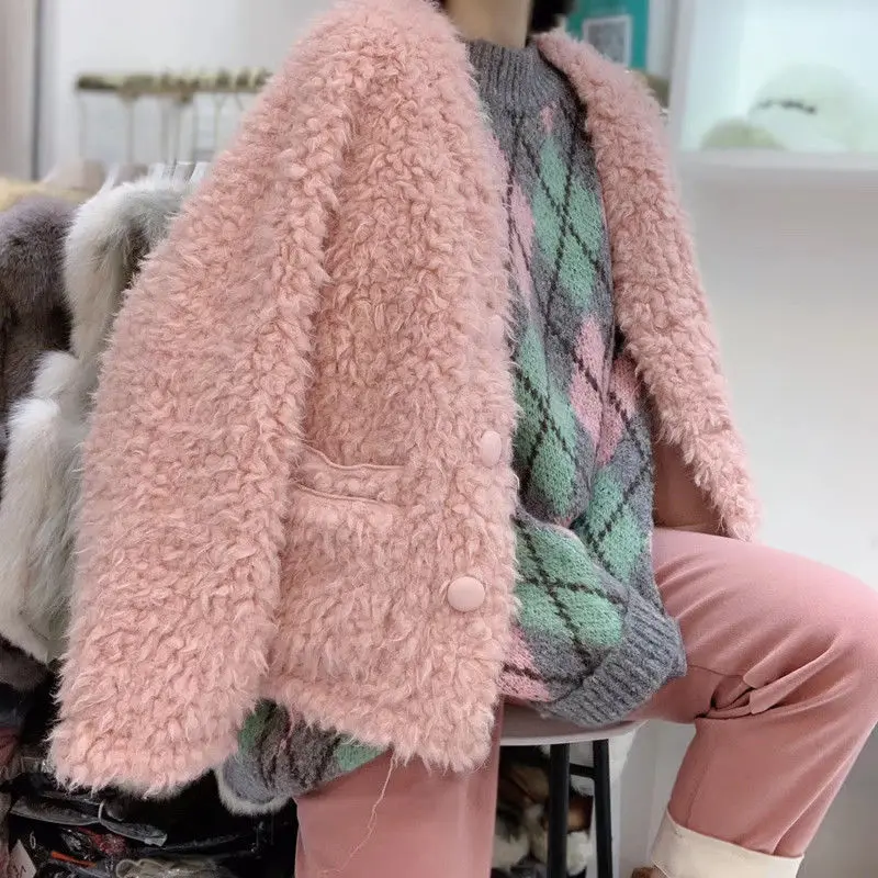 

Faux-wool woven jacket autumn new lamb wool round neck wool sweater imitation leather fashion sheep curly wool coat