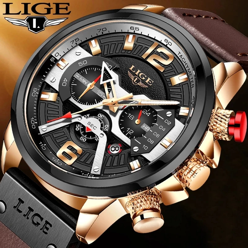 

LIGE Brand Men Watches Waterproof Leather Military Sport Chronograph Quartz Watch for Men Wrist Watch Fashion Erkek Kol Saati