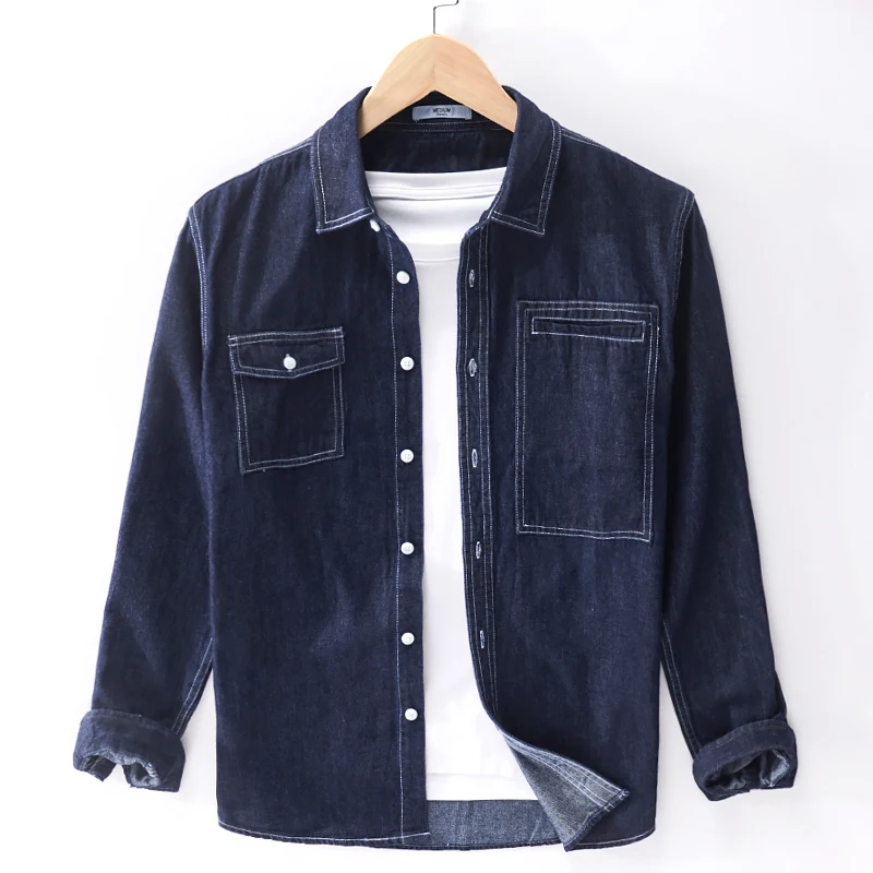 Мужская джинсовая рубашка из чистого хлопка с длинным рукавом