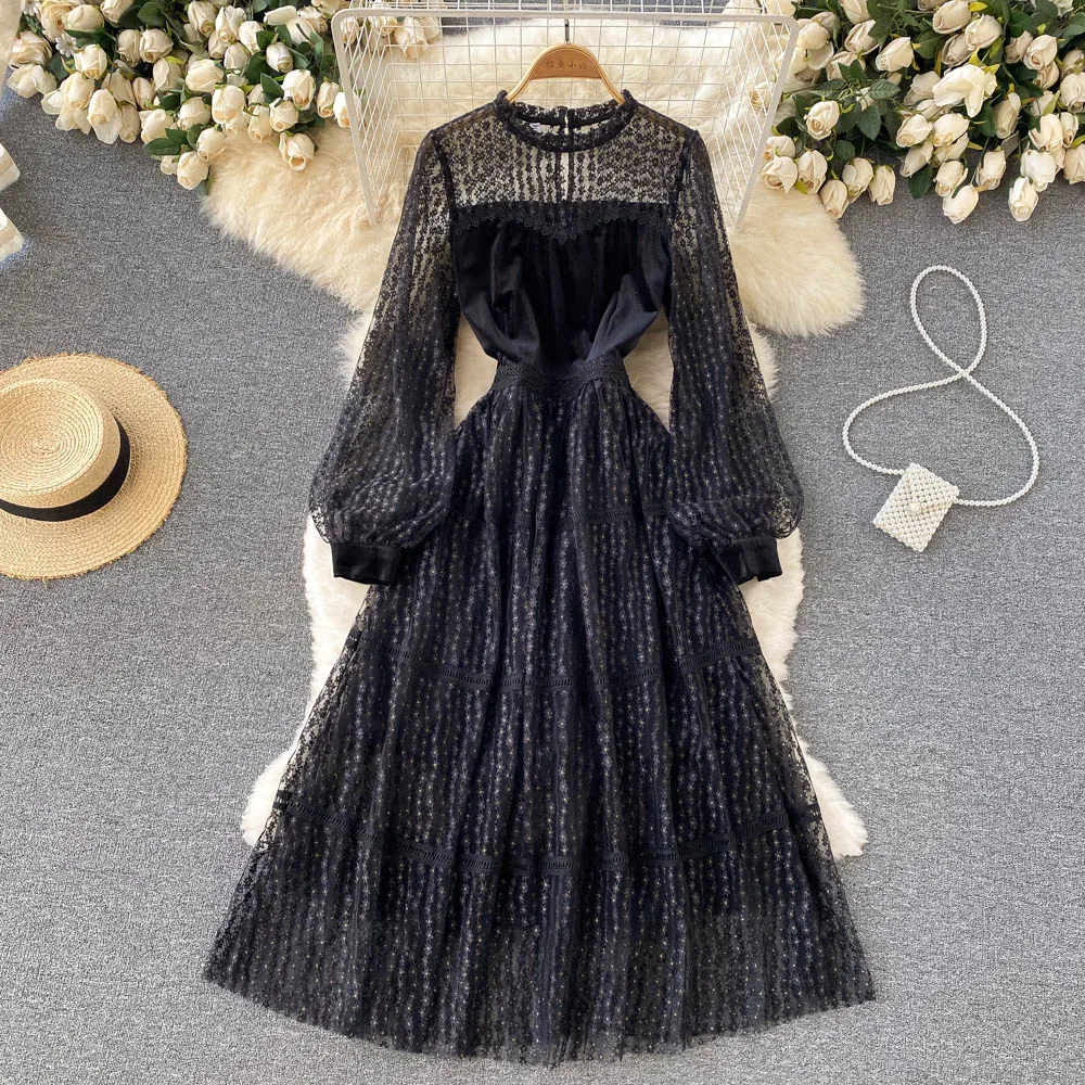 

B937 осень-зима 2021 Новое модное женское бархатное кружевное Сетчатое платье А-силуэта элегантное винтажное корейское платье