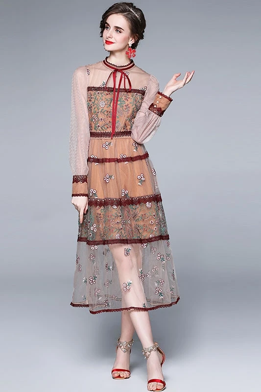 

Elegant Gauze Embroidery Long Dress for Women 2021 Spring New French Female Long Sleeve Dresses Robe Streetwear Vestido De Mujer