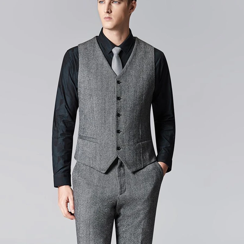 

2020 Fall New Gray Mens Tweed Waistcoat High Quality Slim Fit Business Male Suit Vest Wedding Groomsman Suit Vests