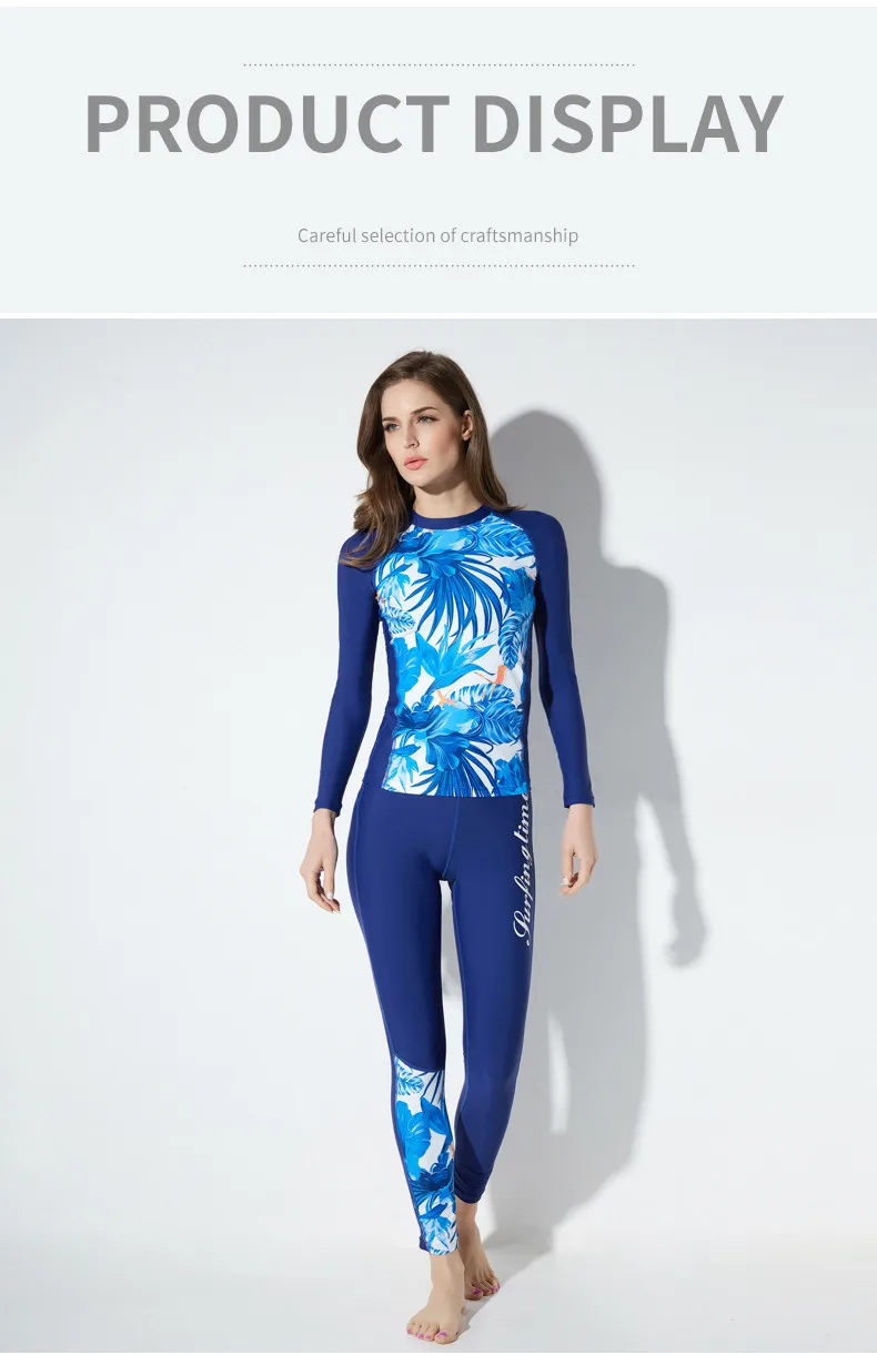 Женский синий Печатный Rashguard полный купальник с длинным рукавом UPF 50+ УФ Защита купальники для плавания футболка для серфинга брюки