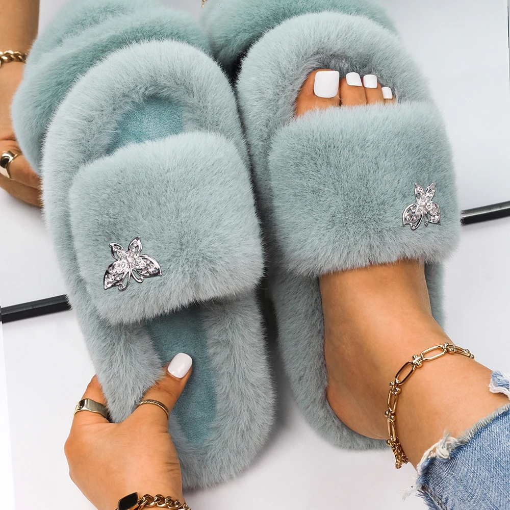 Fluffy Flip Flops Women Furry Slippers Rhinestone Butterfly Faux Fur Slides Cozy Slippers Fashion Sandals Winter Warm Shoes 2021