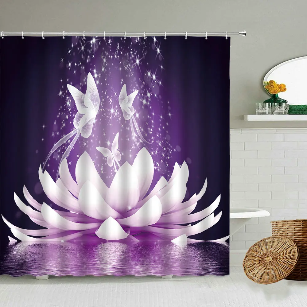 

Вода Fantasy Цвет лотоса занавеска для душа с украшением в форме бабочки; Цвет черный фон ванная комната плотные Водонепроницаемый полиэстер т...