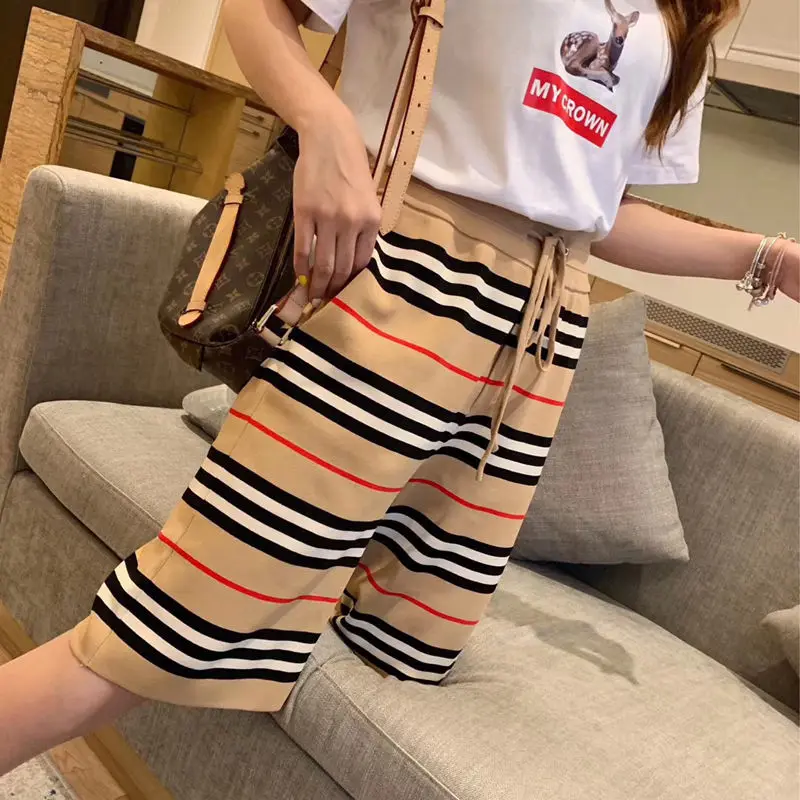 

2021 new pants children English style striped casual pants stretch ice silk shorts loose size pants women's summer pants
