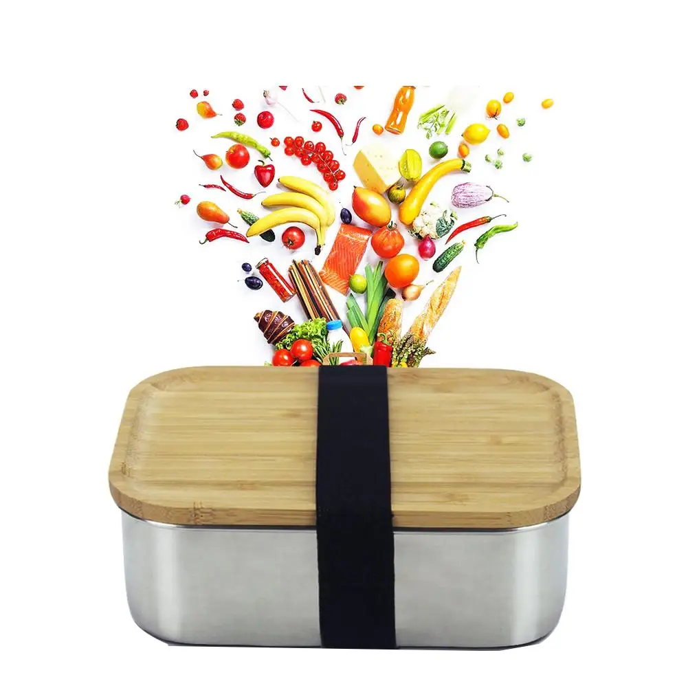 Микроволновая печь Коробки для обедов Нержавеющая сталь деревянной крышкой
