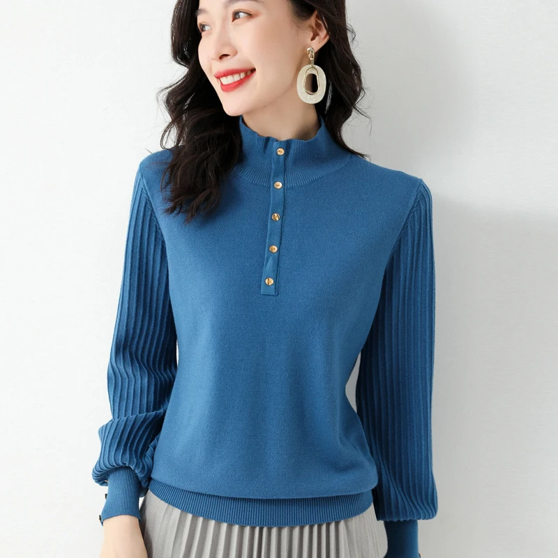 

Sweater Women's Lantern Sleeve Half High Neck Slim Knitted Wool Sweater Korean Button Base Fashion Spring Autumn Winter 2021 New