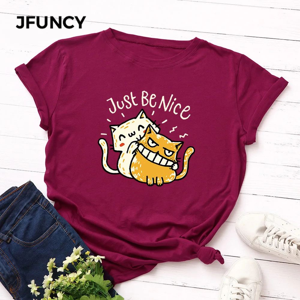 JFUNCY 100% хлопковая Летняя женская футболка с круглым вырезом и коротким рукавом