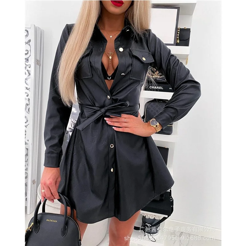 

2021 Autumn Sexy Women Fashion Turn Down Collar High Waist Shirt Dress Elegant Long Sleeve Lace Up Black Blouse Dress