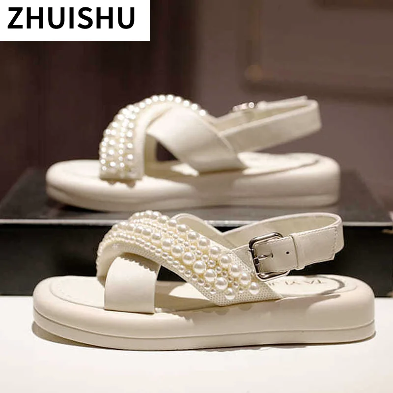 

Сандалии женские на платформе, удобные босоножки с винтажной пряжкой, жемчуг, открытый носок, повседневные римские, лето 2021