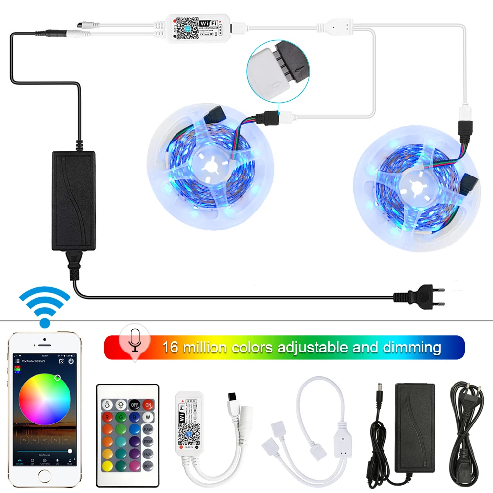 12 В умный светильник ing 10 м 5050 RGB светодиодный светильник комплект полос+ Wi-Fi приложение пульт дистанционного управления+ трансформатор для Amazon Alexa Google Assistant