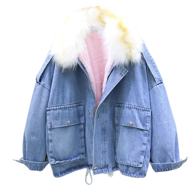 Новая зимняя Свободная джинсовая куртка Женская Корейская плюс бархатная