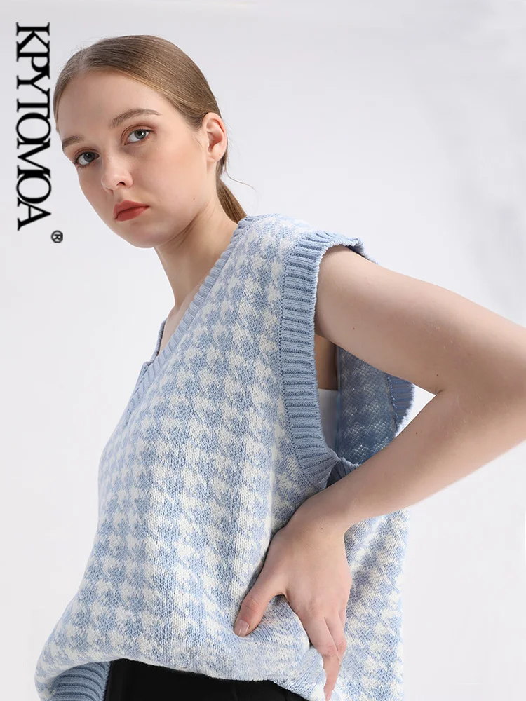 KPYTOMOA Women  Fashion Oversized Houndstooth Knitted Vest Sweater Vintage Sleeveless Side Vents Female Waistcoat Chic Tops