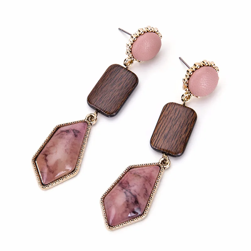 Vintage Long Earrings 2019 For Women Pink Geometric Drop Dangle Metal Wood Elegant Fashion Jewelry Wholesale | Украшения и