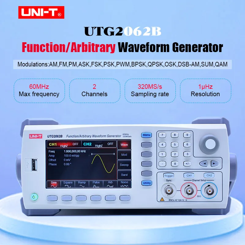 

UNI-T UTG2062B Function/Arbitrary Waveform Generator; 2 Channels, 60MHz Max. Output Frequency, 320MS/s Max. Sample Rate