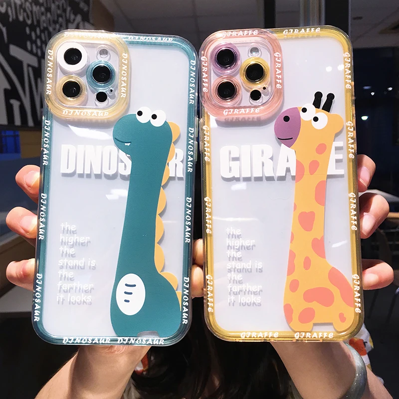 

Cute Cartoon Giraffe Dinosaur Clear Phone Case For iPhone 13 Pro Max 12 11 X XS XR 7 8 Plus Animal Couple Transparent Soft Cover
