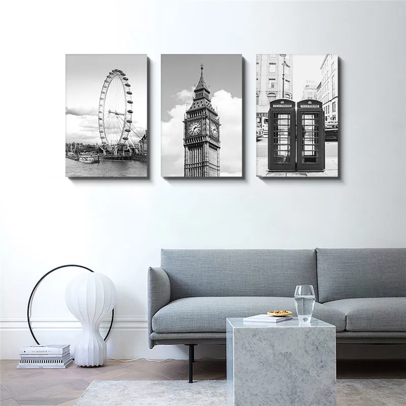 

London Set of 3 Poster Black White Framed Big Ben Tower Wall Art Ready To Hang Telephone Cabin City Canvas Painting Home Picture