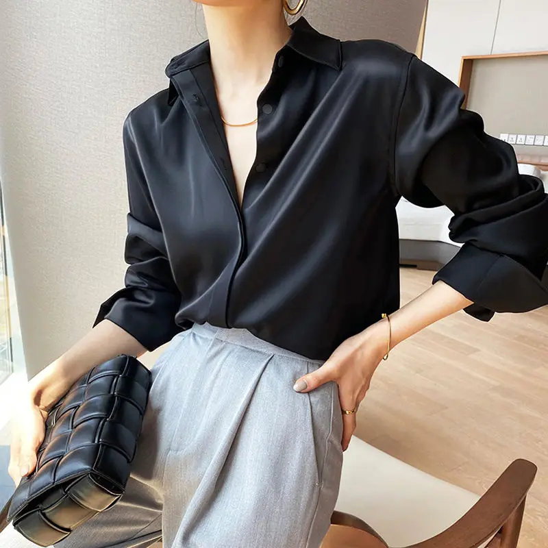 

Satin women's mid-length shirt, black retro design, long-sleeved autumn loose top women's long sleeve chiffon tops