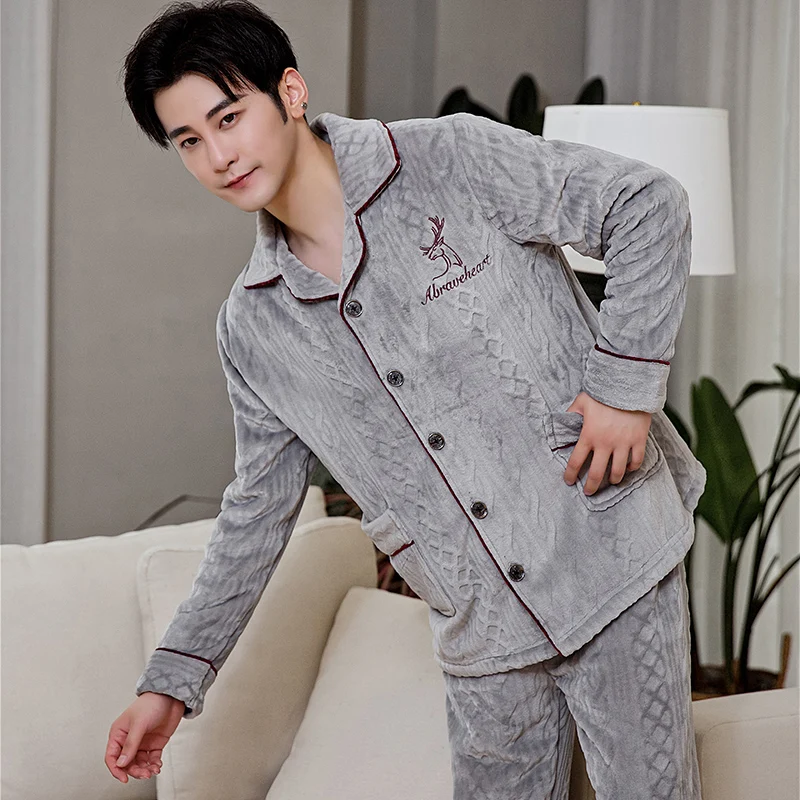 Thicken Casual Flannel Sleep Suit Warm Home Clothes 2PCS Pajamas Suit Men Autumn Winter New Sleepwear Nightwear Shirt&Pants