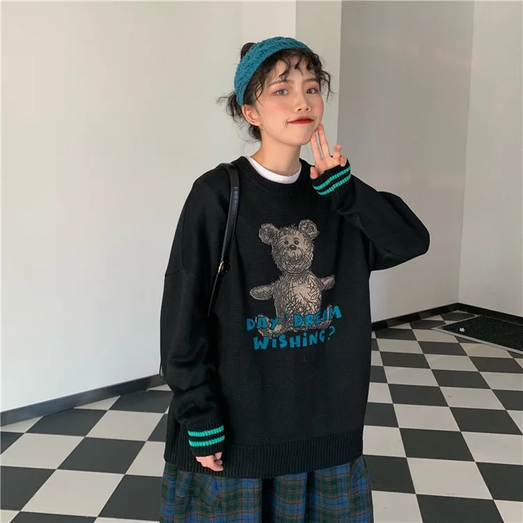 

Whimsical Girl Korean Chic Lazy BF Style Cute Anti-Aging Bear Alphabet Cartoon Loose round Neck Sweater Tide