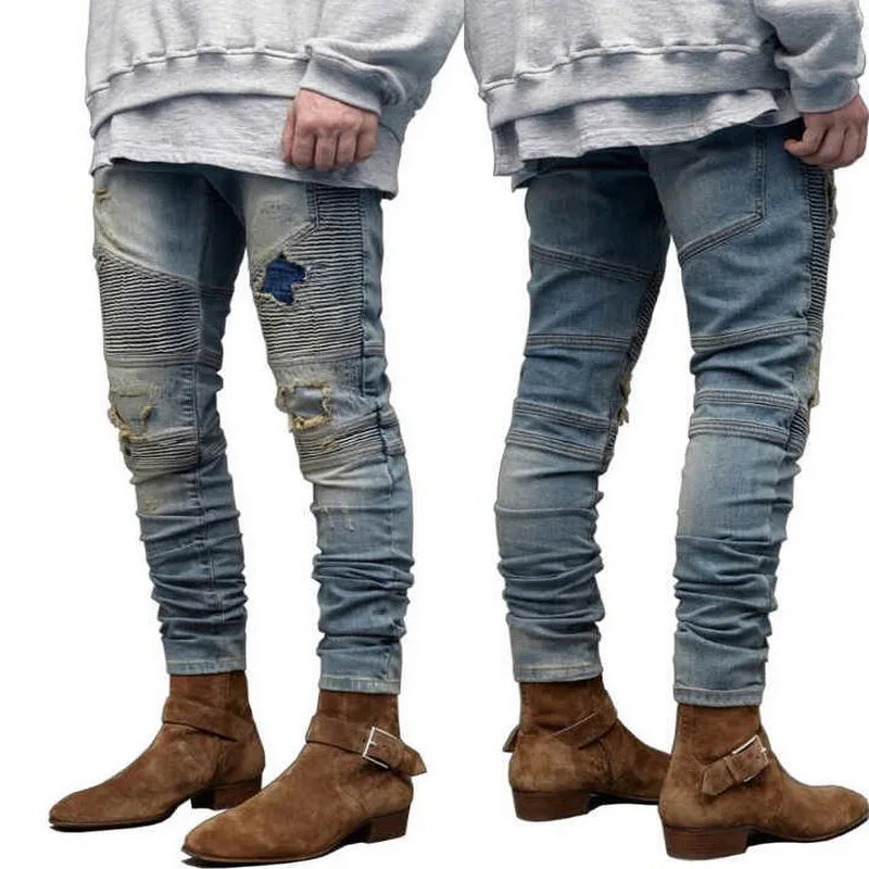 Men's Ripped Jeans Slim Fit Small Feet Jeans Men Pleated Oversize  Pants Men Hip Hop Jeans Size 28-38