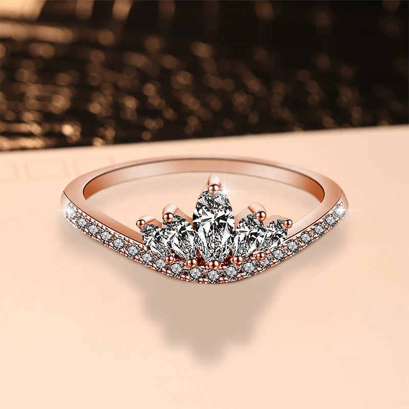 Simple Luxury Rose Gold Rings For Women Charming Female Crystal Ring Jewelry Romantic Elegant Ladies Crown Girls Gifts | Украшения и