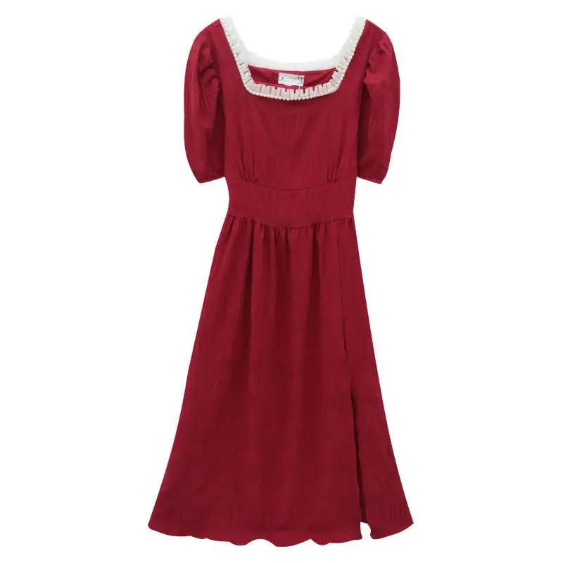 

Black/Red Beading Dress Women Summer Suqare Collar Short Sleeve High Waist A-Line Vestidos Female Fashion Robe Vintage Plus Size