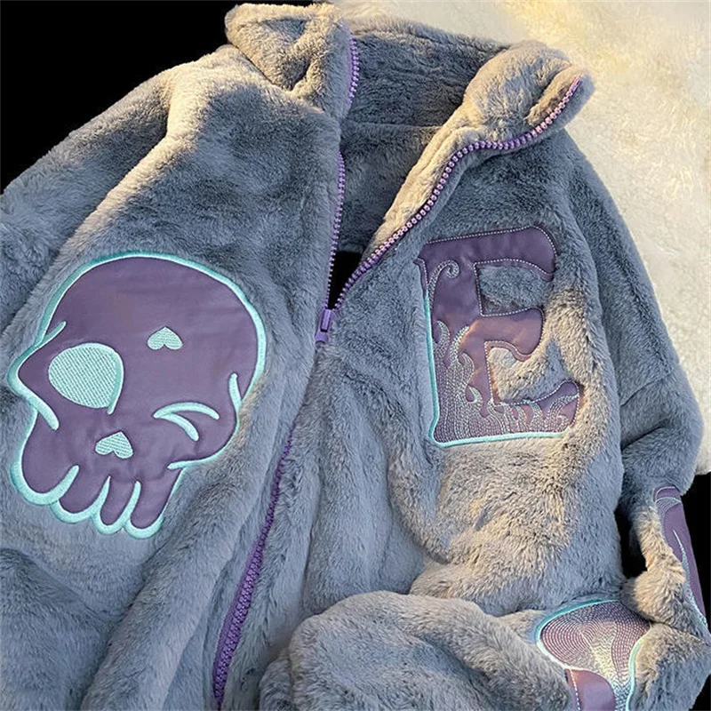 

Emo Winter Women Streetwear Embroidery Skull Gothic Rabbit Fur Zipper Coat Loose Street Furry Y2K Aesthetic Goth Jacket Clothes