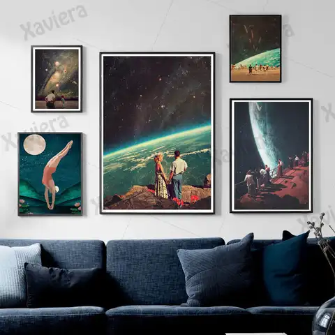 Настенная Картина на холсте с изображением пары мечты под ночным небом, сюрреализма, галактики, космоса, Луны, плакаты для украшения дома, сп...