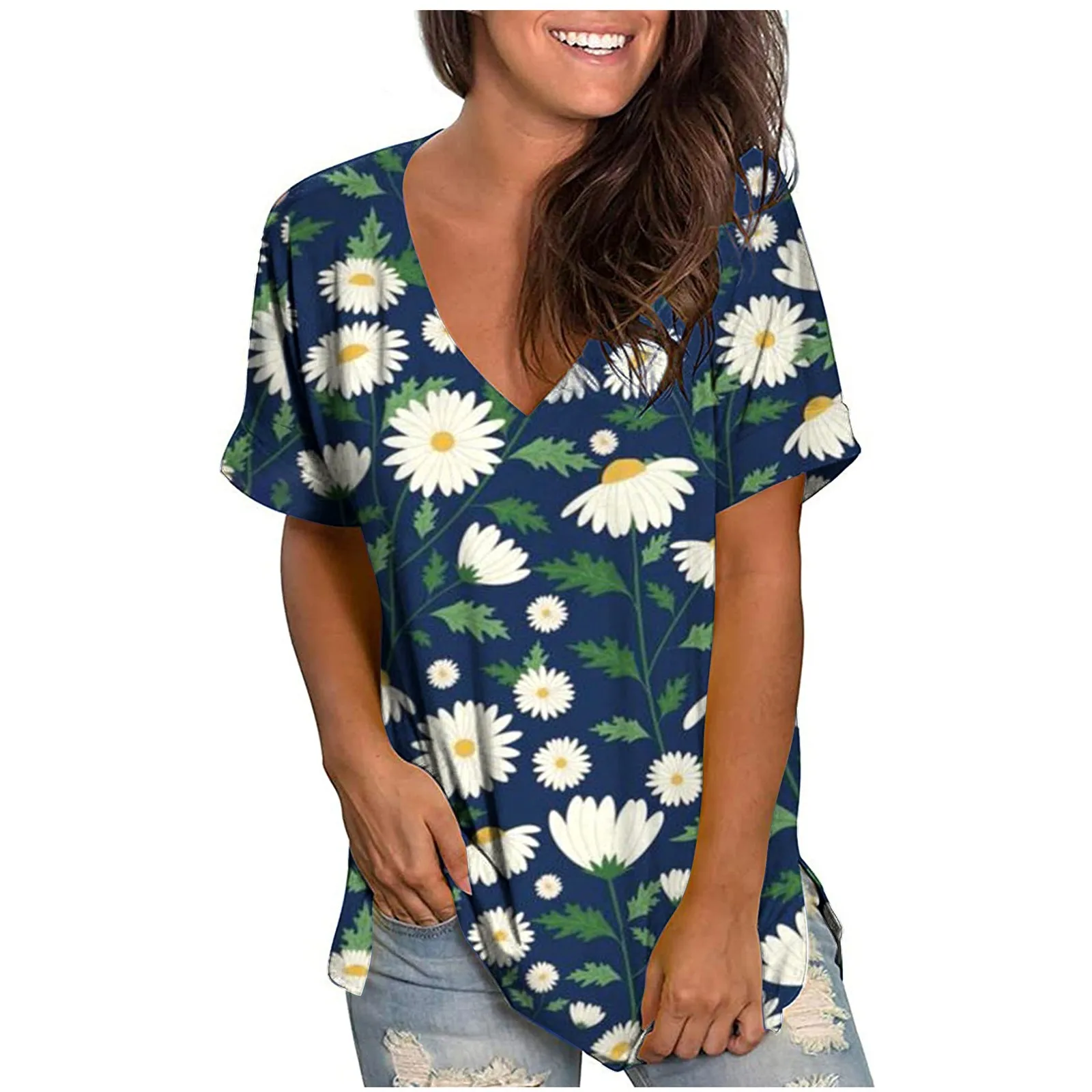 

Street Fashion Woman Top Fashion Women Casual Printing Shirts Short Sleeve Loose Tops V-neck Blouse Tops Camisole Femme 2021