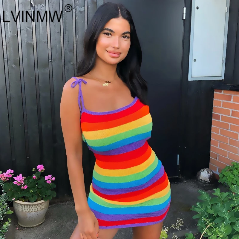 LVINMW сексуальное платье в радужную полоску с вырезом лодочкой на шнуровке бантом