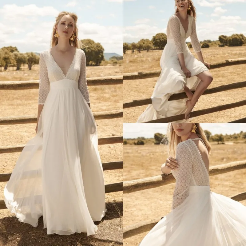 2020 богемное свадебное платье винтажное кружевное с V образным вырезом и