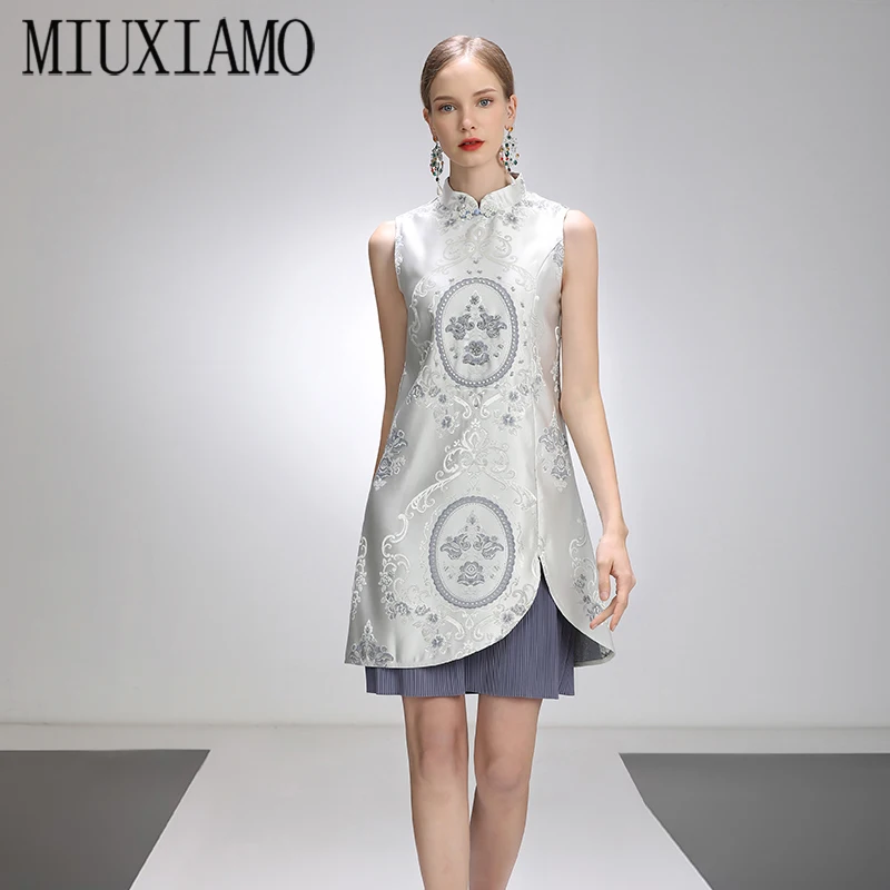 

MIUXIMAO 2021 Spring Summer Party Dress Jacquard Flower Diamonds Above Knee Tank Office Lady Casual Dress Women Vestidos