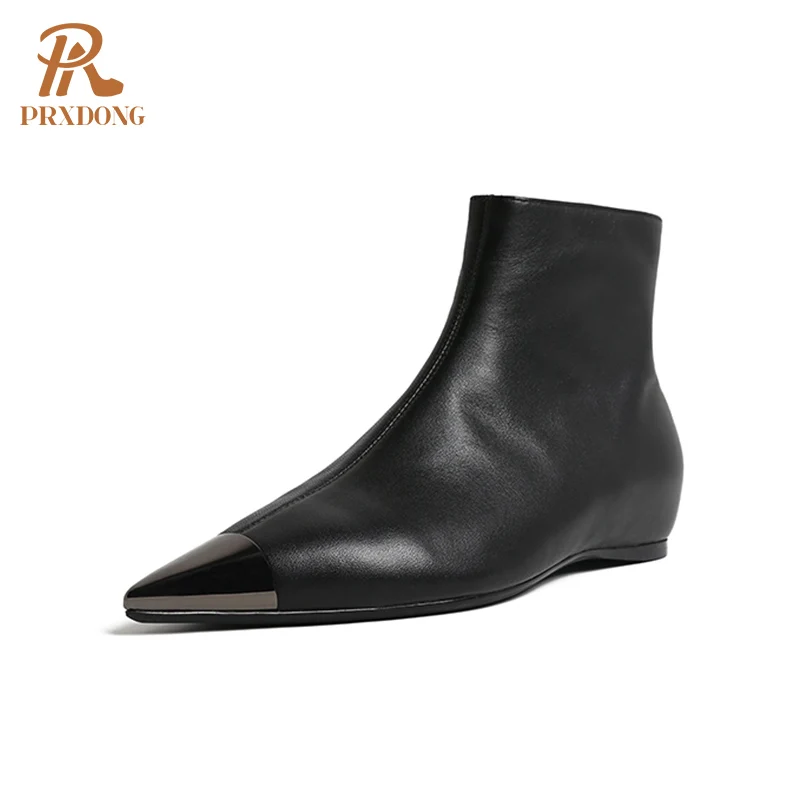 

Женские ботильоны с острым носком, натуральная кожа, на плоской подошве, с металлической молнией, современные мотоботы мартинсы