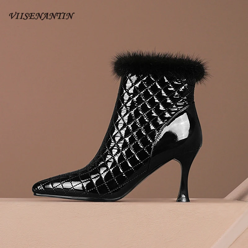 

Ботинки короткие женские из лакированной кожи на высоком каблуке с острым носком