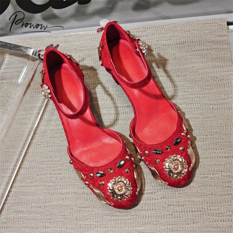 

Prowow Fashion Black Women Summer Sandals Round Toe Buckle Metal Chunky Mid Heel Women Sandals Ladies Party Wedding Shoes Woman