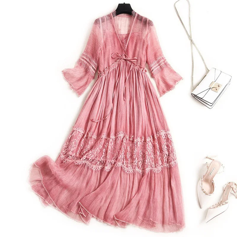 

pink v neck flare sleeve bandage silk dresses women 2020 summer brand long casual sexy office work beach boho dress plus size