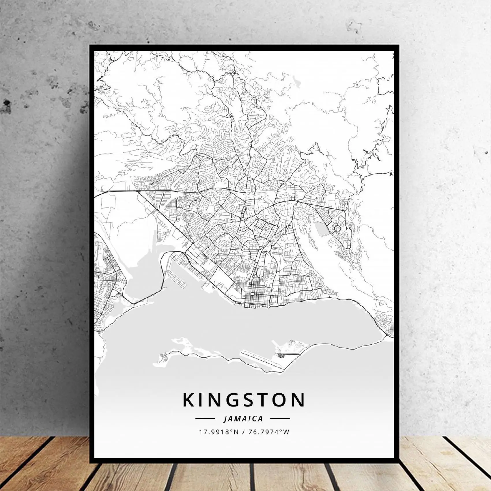 Черный и белый Kingston Jamaica Широта Долгота холст Художественная карта Плакат | Дом