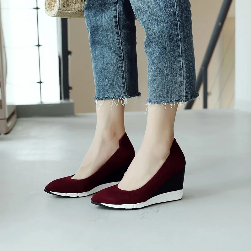 wine red EGONERY/новые женские туфли на каблуке; туфли с острым носком на очень высокой танкетке; туфли на платформе с закрытым носком; сезон весна; выразительные повседневные женские туфли винно-красного и черного цвета - Цвет: wine red