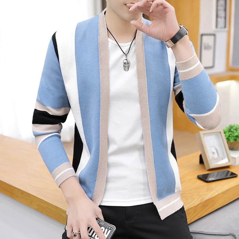 

YASUGUOJI New 2021 Spring Fashion Color Blocked Mens Cardigan Jackets Streetwear Casual Knitted Sweater Men Jacket Men Clothing