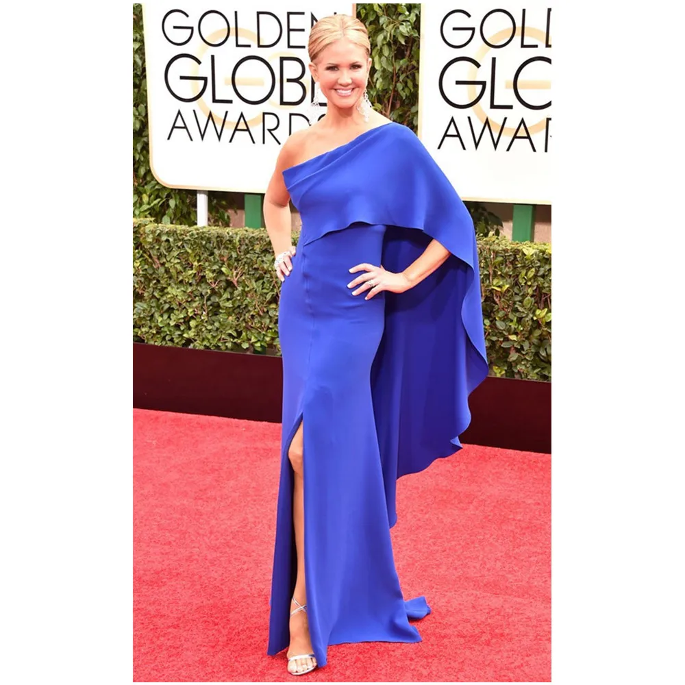 

Royal Blue One-shoulder Celebrity Dresses Evening Gown Fashion Designer Floor-Length A-Line Wrap Dress