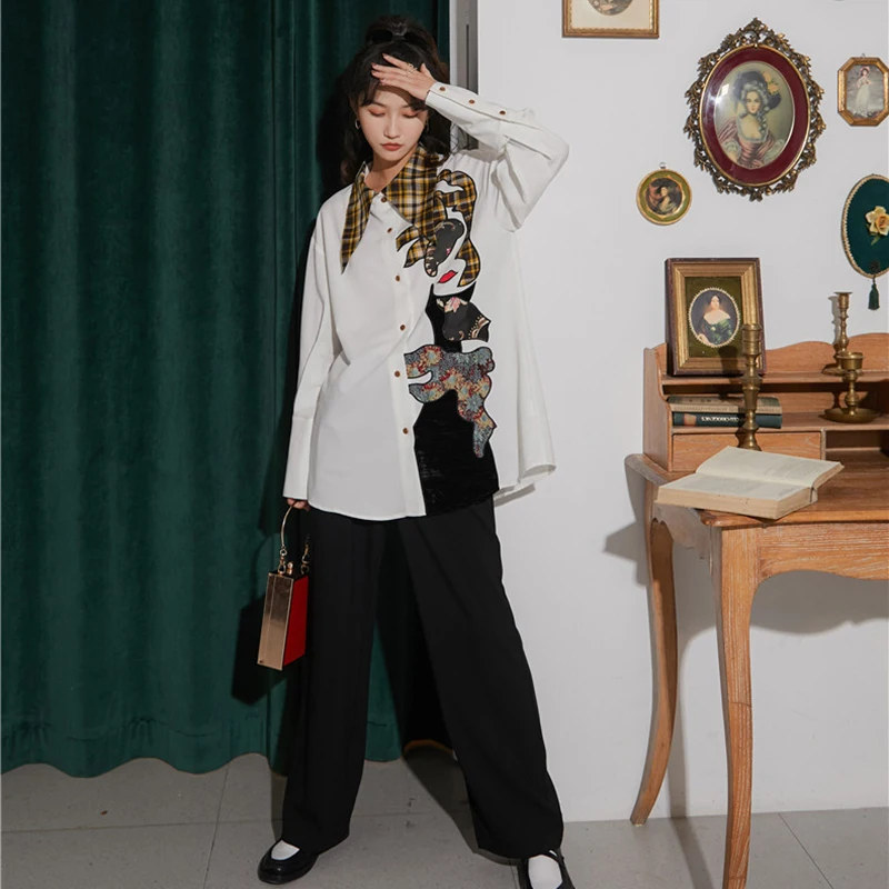 

IEQJ Women All-match Abstract Collage Casual Temperament Shirt Blouse New Lapel Long Sleeve Loose Fashion Autumn 2021 3F1146