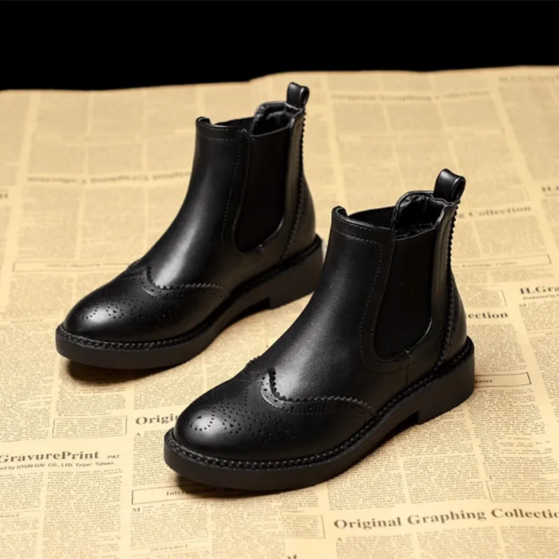 

British style chelsea boots for women fashion cow leather brogue shoes carving bullock ankle boot black botas zapatos chaussure