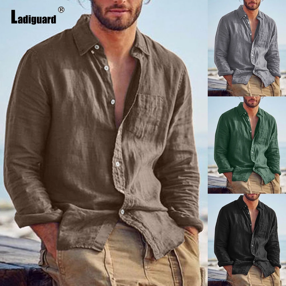 Ladiguard Plus Size Men Casual Shirt Blouses Fashion 2021 Single Breasted Tops Long Sleeve Male Shirt blusas Sexy Mens Clothing