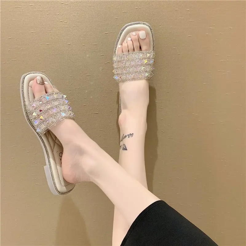 

Slippers Casual Square Toe Shoes Low Slides Jelly Flip Flops Slipers Women Luxury Soft Flat Summer Glitter 2021 Basic Crystal Ru