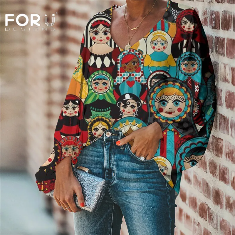 

FORUDESIGNS Large Size Blouse Russian Matryoshka Blouse 2021 Casual Loose Long Sleeve Shirt Tops V-neck Female Clothing