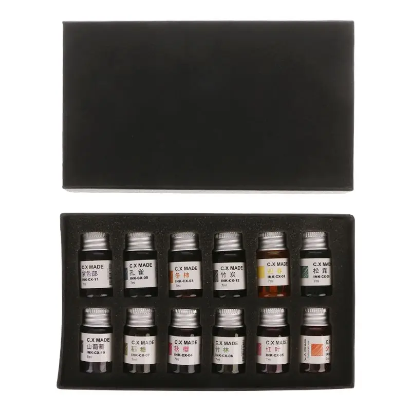 

12 шт. напылением золотистого цвета; Цветной бутилированной Стекло Dip Ручка набор чернил перьевая ручка подпись, подарочная упаковка, 7 мл C5AE